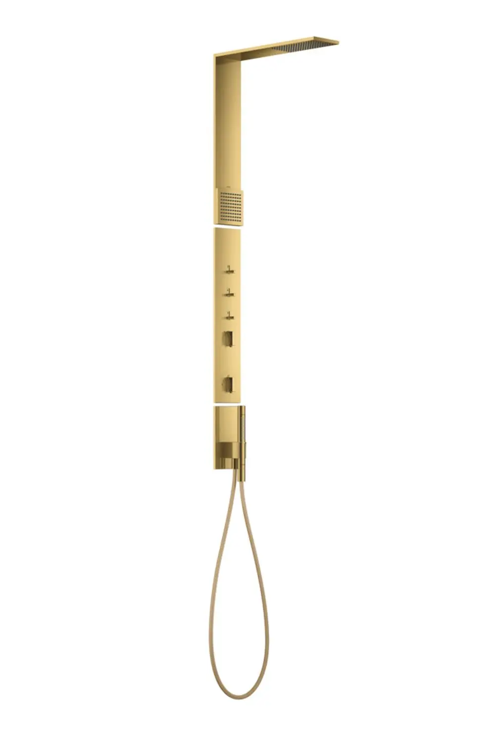 Duschpaneel von AXOR in polierter Gold-Optik mit Kopfbrause und Schulterbrause. Enthält Bedienelemente für Wasser und Temperatur.